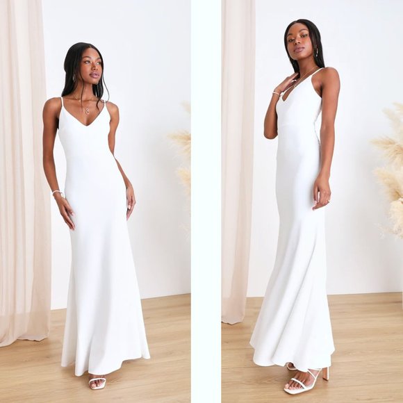 Lulu's Infinite Glory Classic White Maxi Dress V-Neck Simple Wedding Gown - Picture 2 of 6